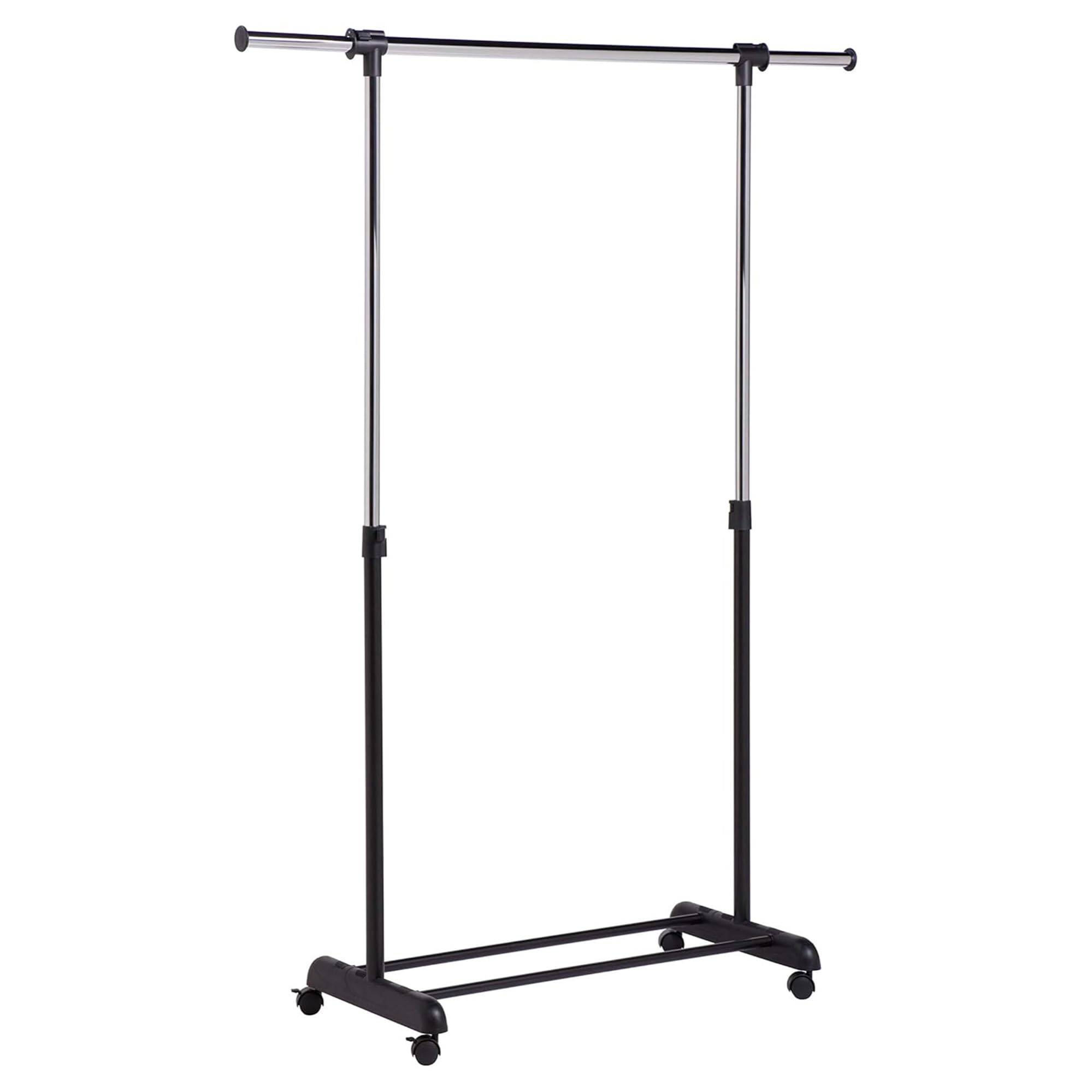 Honey-Can-Do front view showing full chrome garment rack and organized clothing benefit