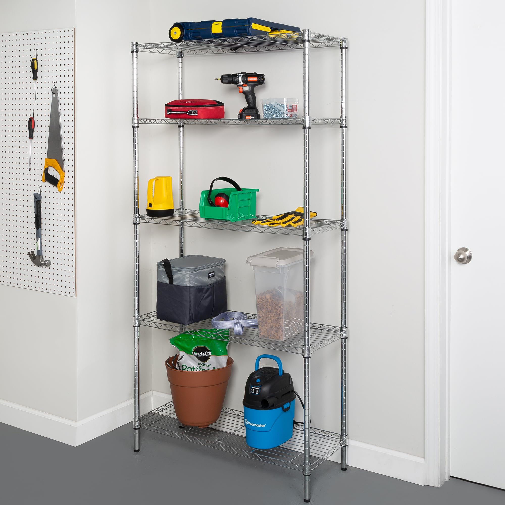 Honey-Can-Do shelving in garage loaded with bins for efficient tool and gear storage