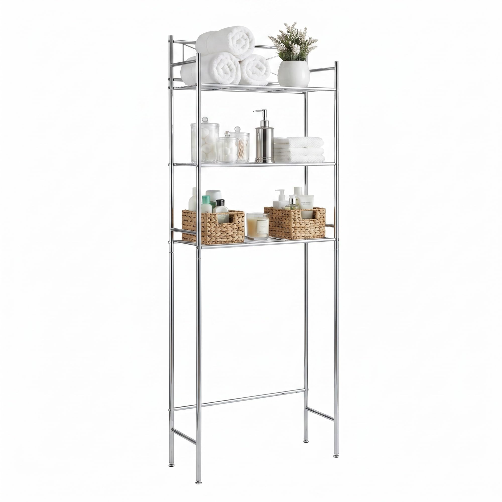 Honey-Can-Do front view chrome three-tier shelf showing organized storage benefit
