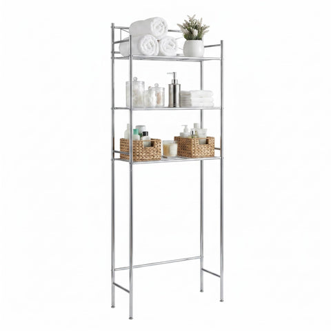 Honey-Can-Do front view chrome three-tier shelf showing organized storage benefit