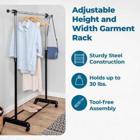 Honey-Can-Do demonstrating adjustable height for long coats and dresses benefit