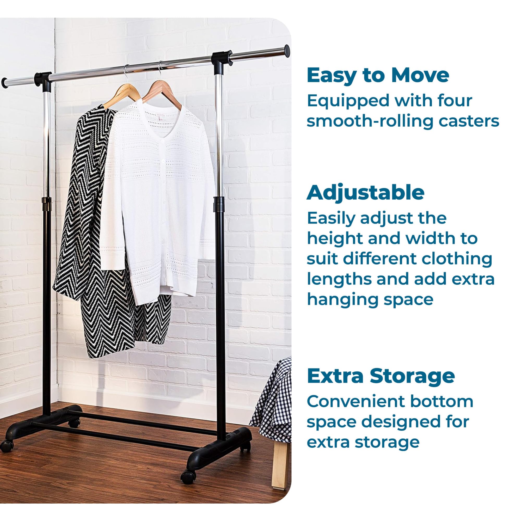 Honey-Can-Do showing extended width with extra hanging space benefit