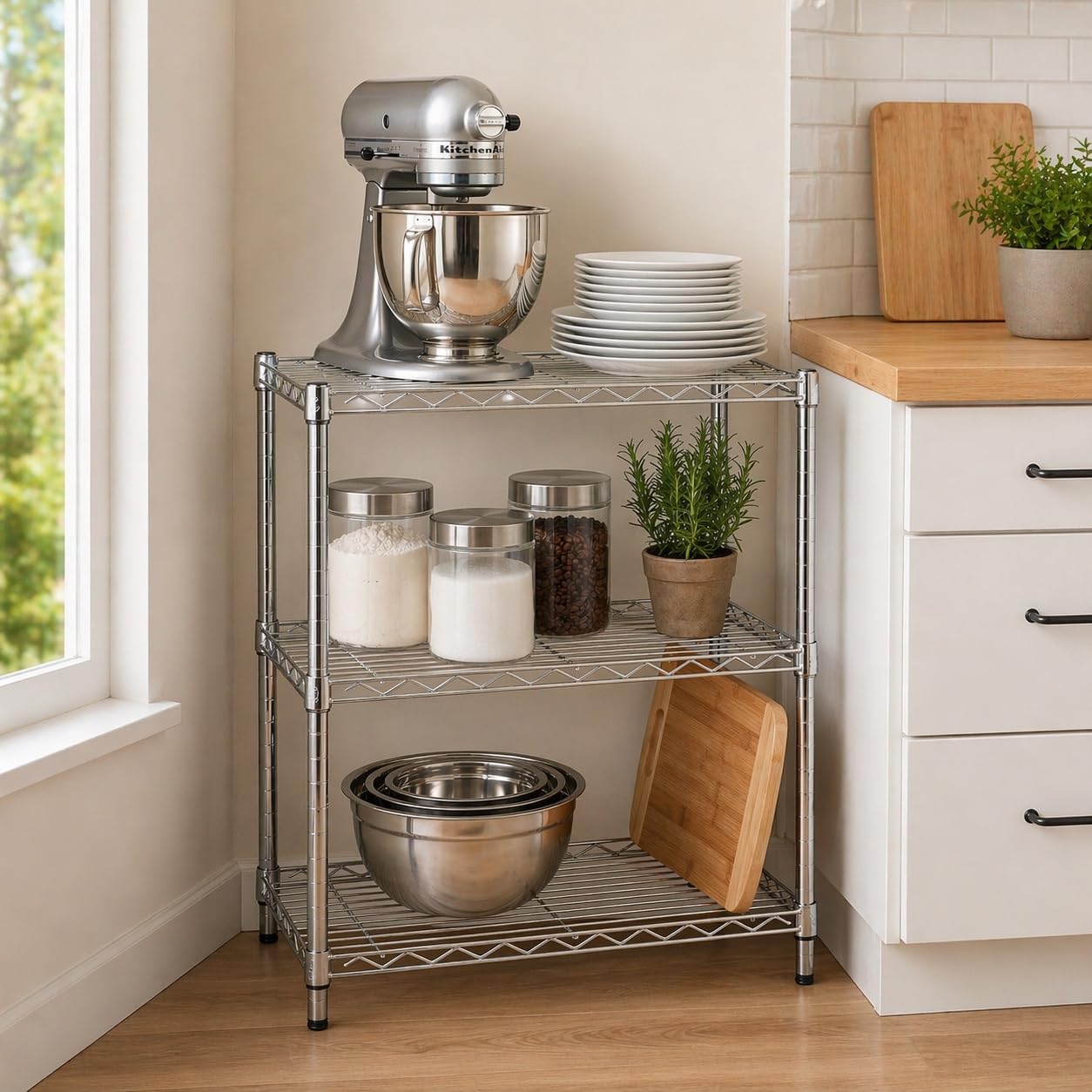 Honey-Can-Do wire shelf close-up of grid showing rust-resistant chrome and airflow benefit