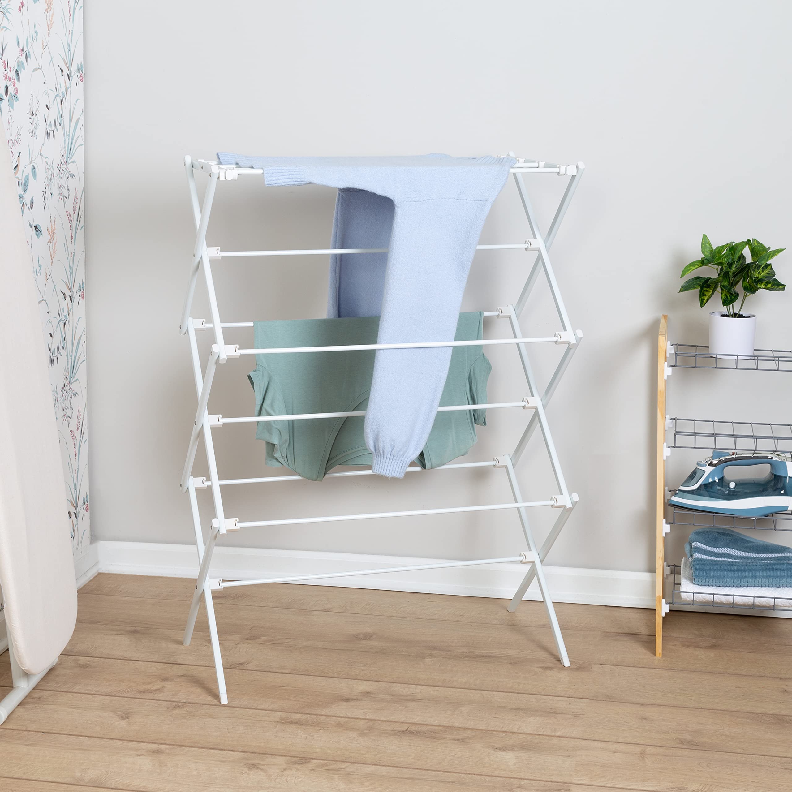 Honey-Can-Do rack fully expanded with clothes to maximize drying space