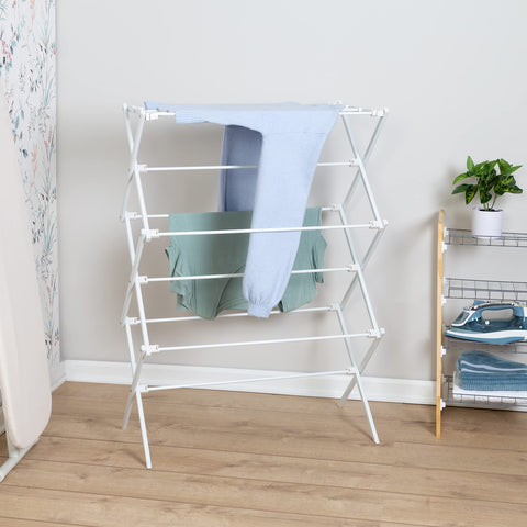 Honey-Can-Do rack fully expanded with clothes to maximize drying space