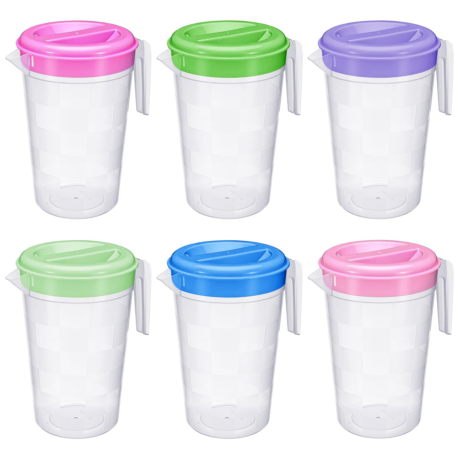 Honeydak clear pitcher set front view showing colorful lids and full set benefits