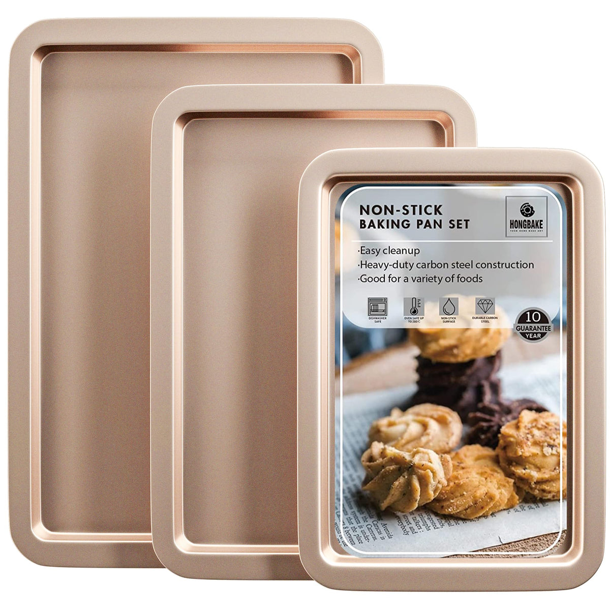 HONGBAKE front view of the three-piece baking set showing sizes and packaging benefits