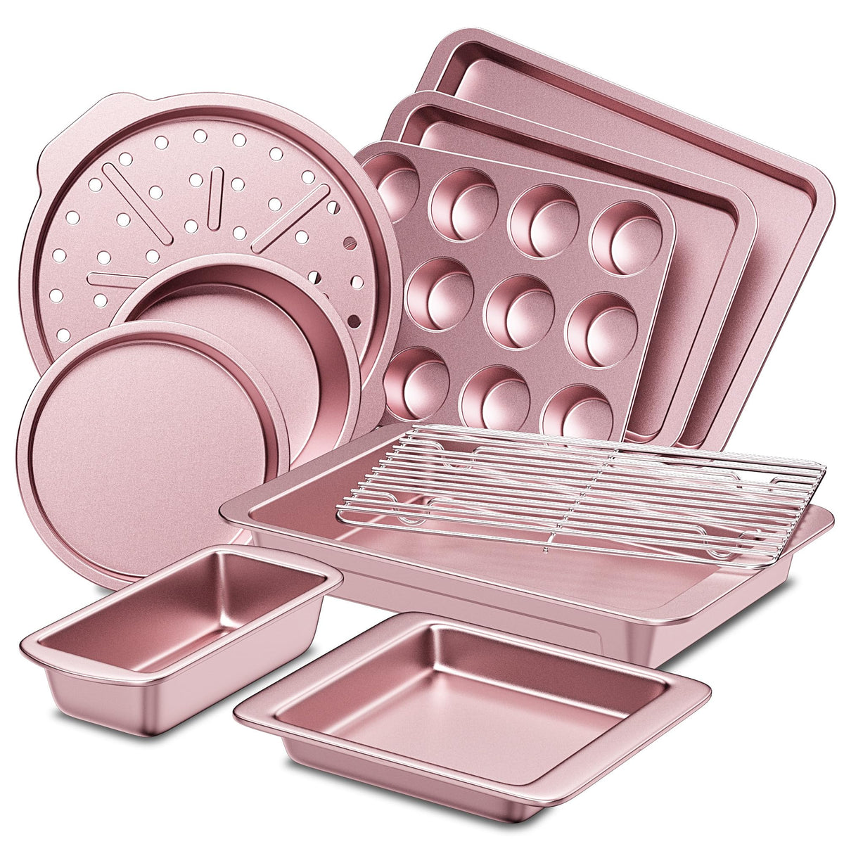 HONGBAKE front view of pink 10-piece bakeware set showing full contents and storage benefit