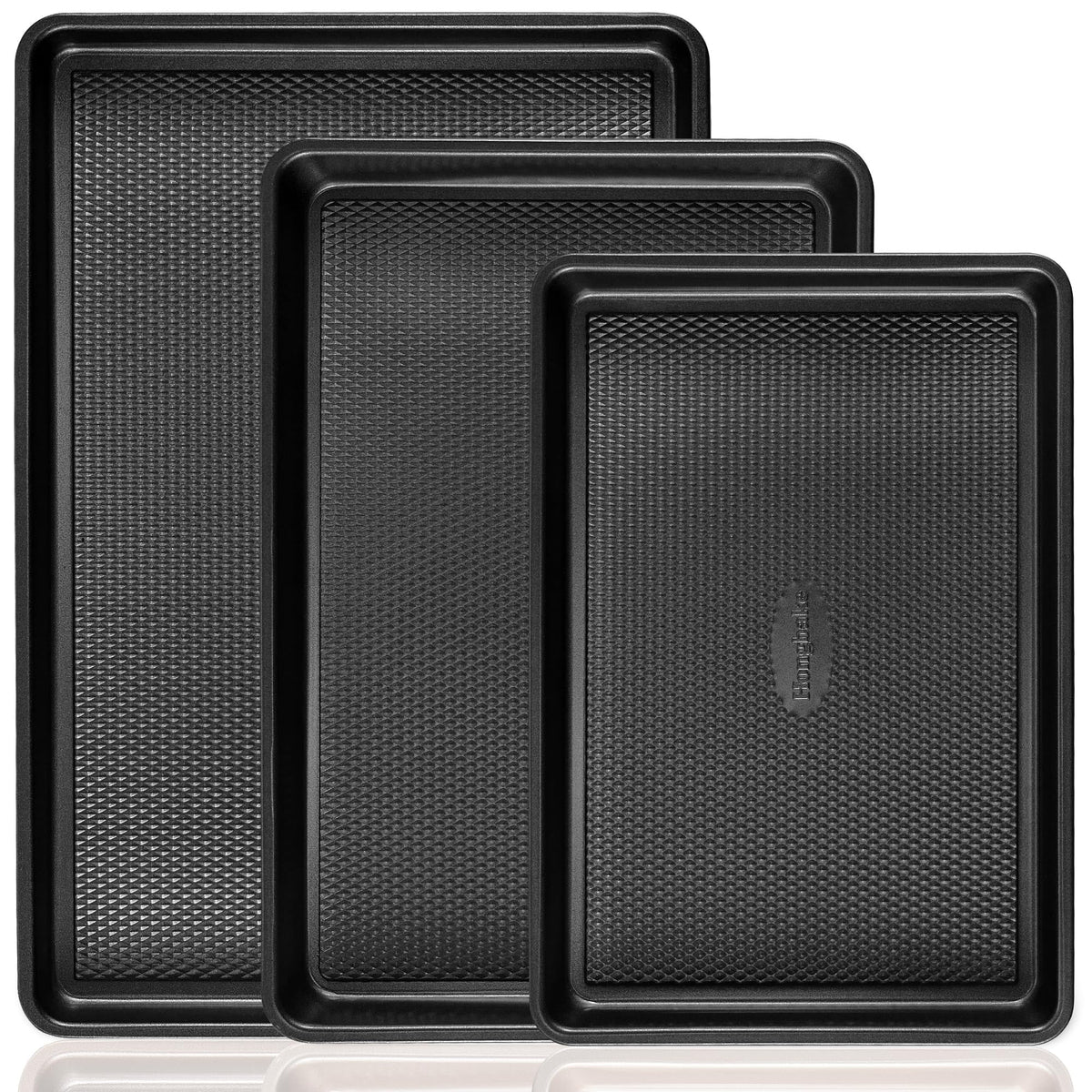 HONGBAKE front view of three-piece tray set showing sizes and finish for versatile baking