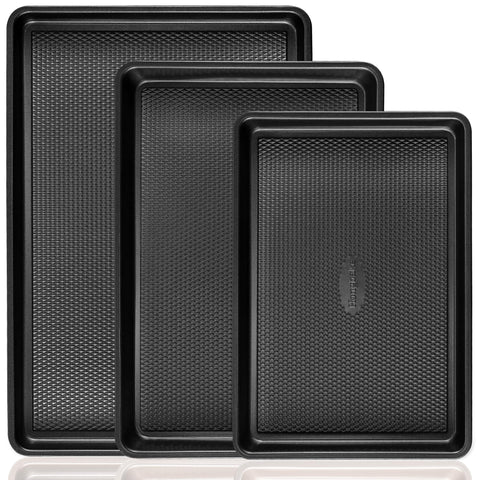 HONGBAKE front view of three-piece tray set showing sizes and finish for versatile baking