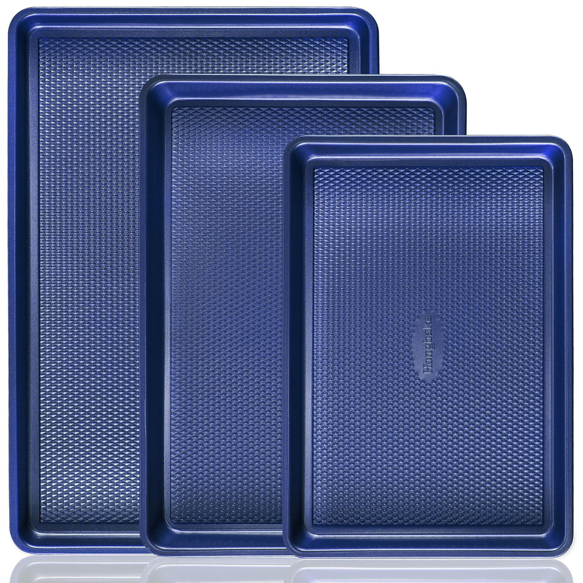 HONGBAKE front view of three-piece pan set showing sizes and elegant finish