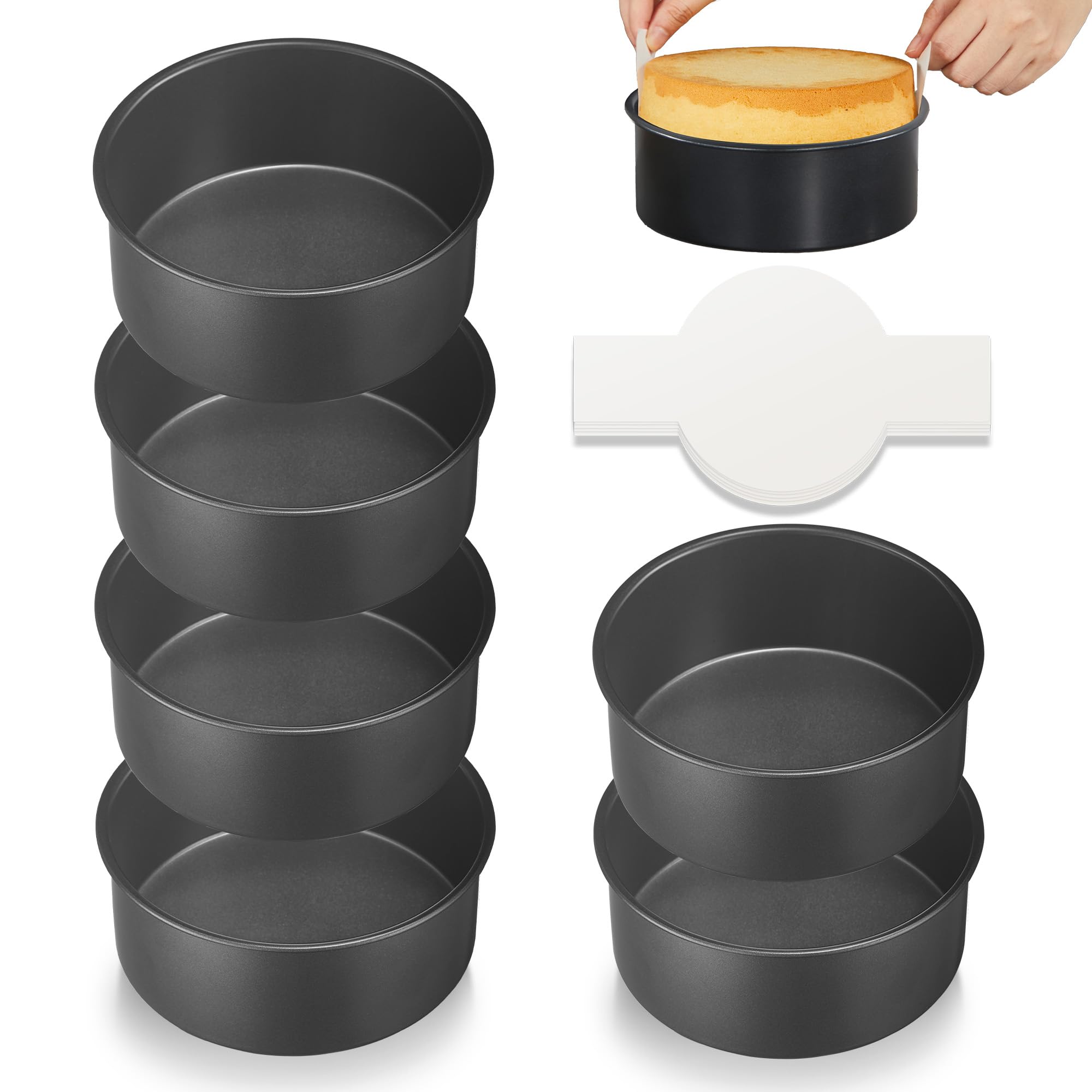 HONGBAKE front view of four 6-inch pans showing uniform stack and space-saving benefit