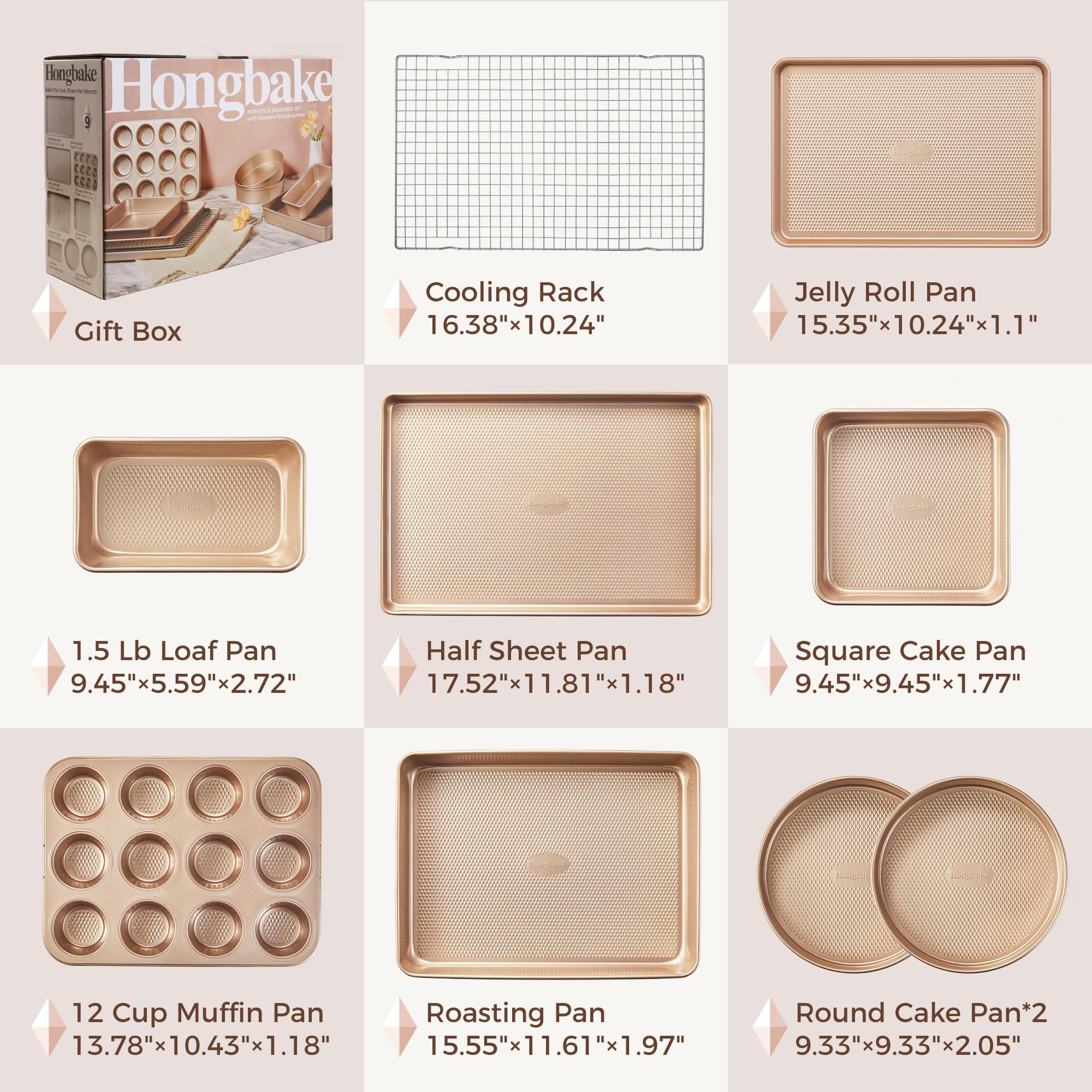 HONGBAKE loaf and square pans arranged for versatile baking uses