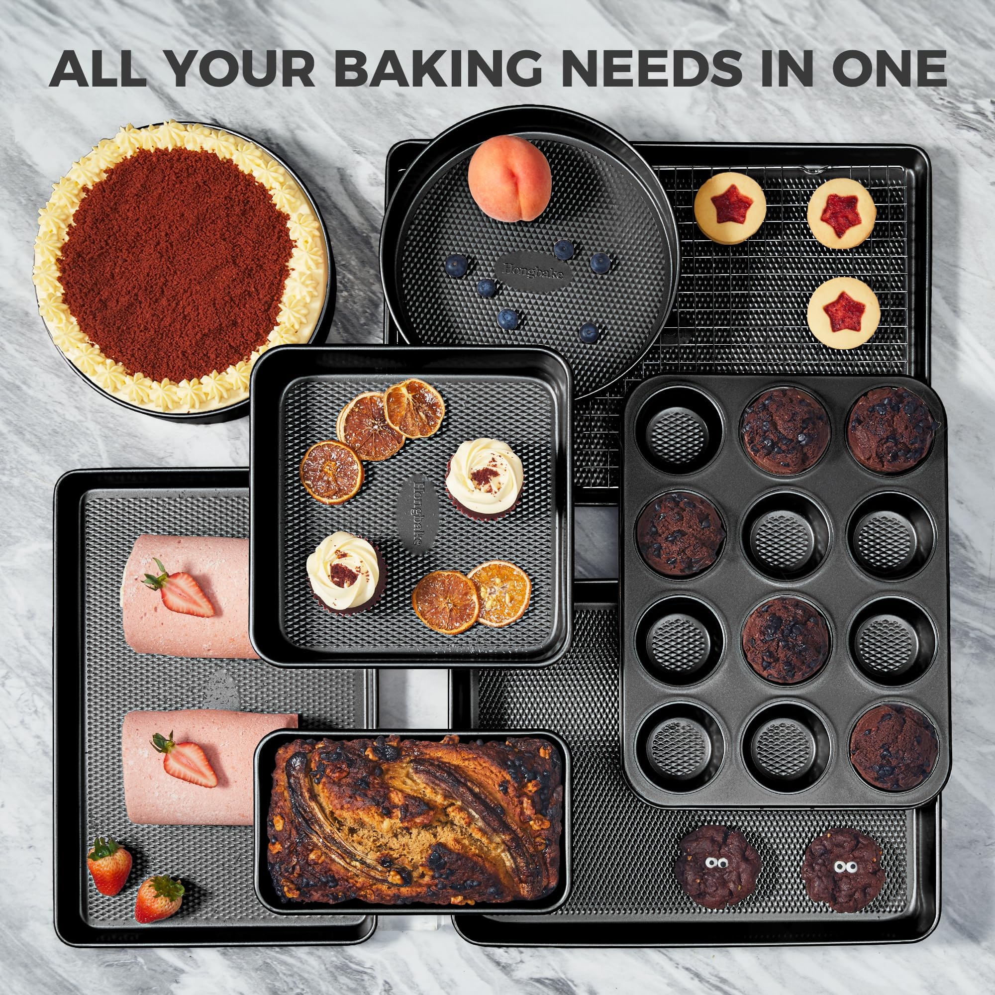 HONGBAKE muffin tin and round cake pans illustrating multi-batch baking convenience