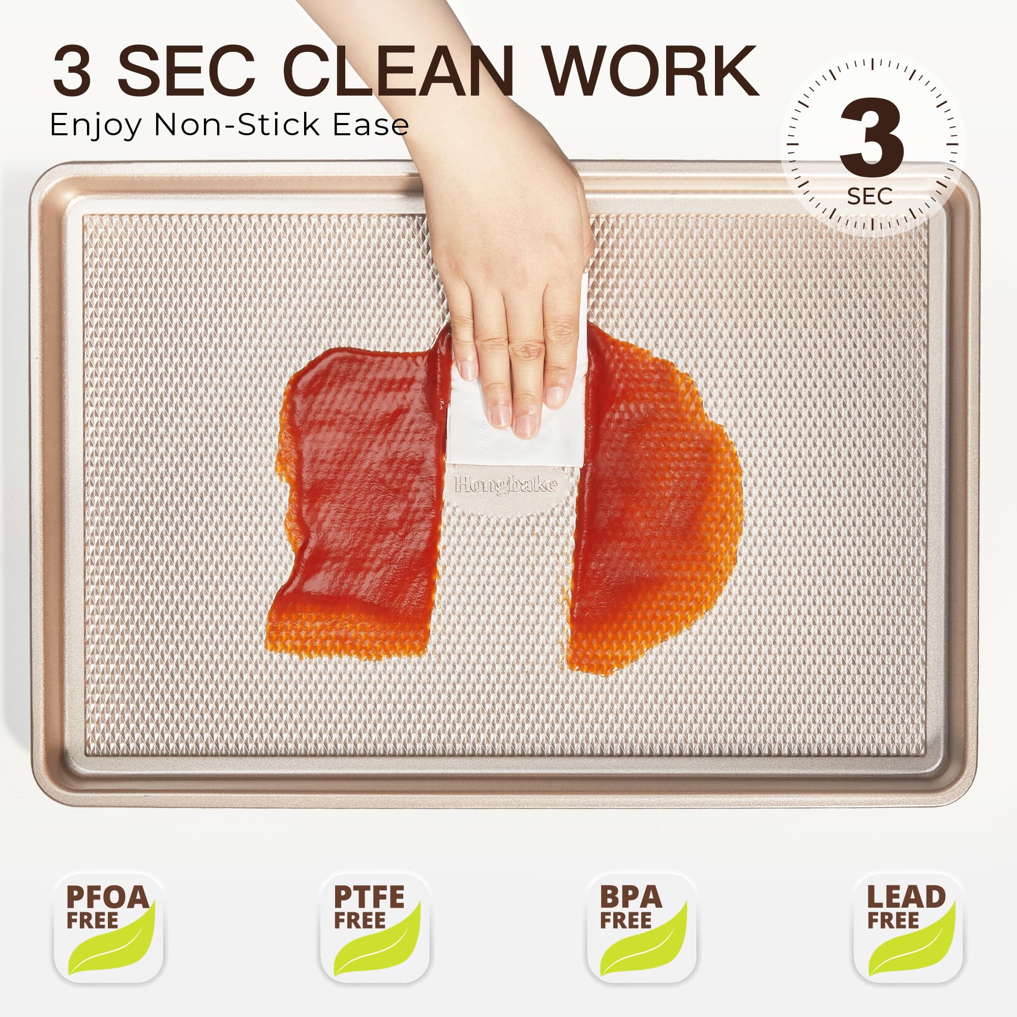 HONGBAKE nonstick demo sliding a cookie off pan for faster cleanup