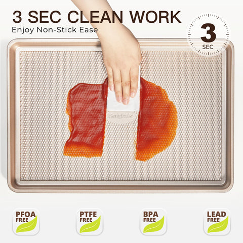 HONGBAKE nonstick demo sliding a cookie off pan for faster cleanup