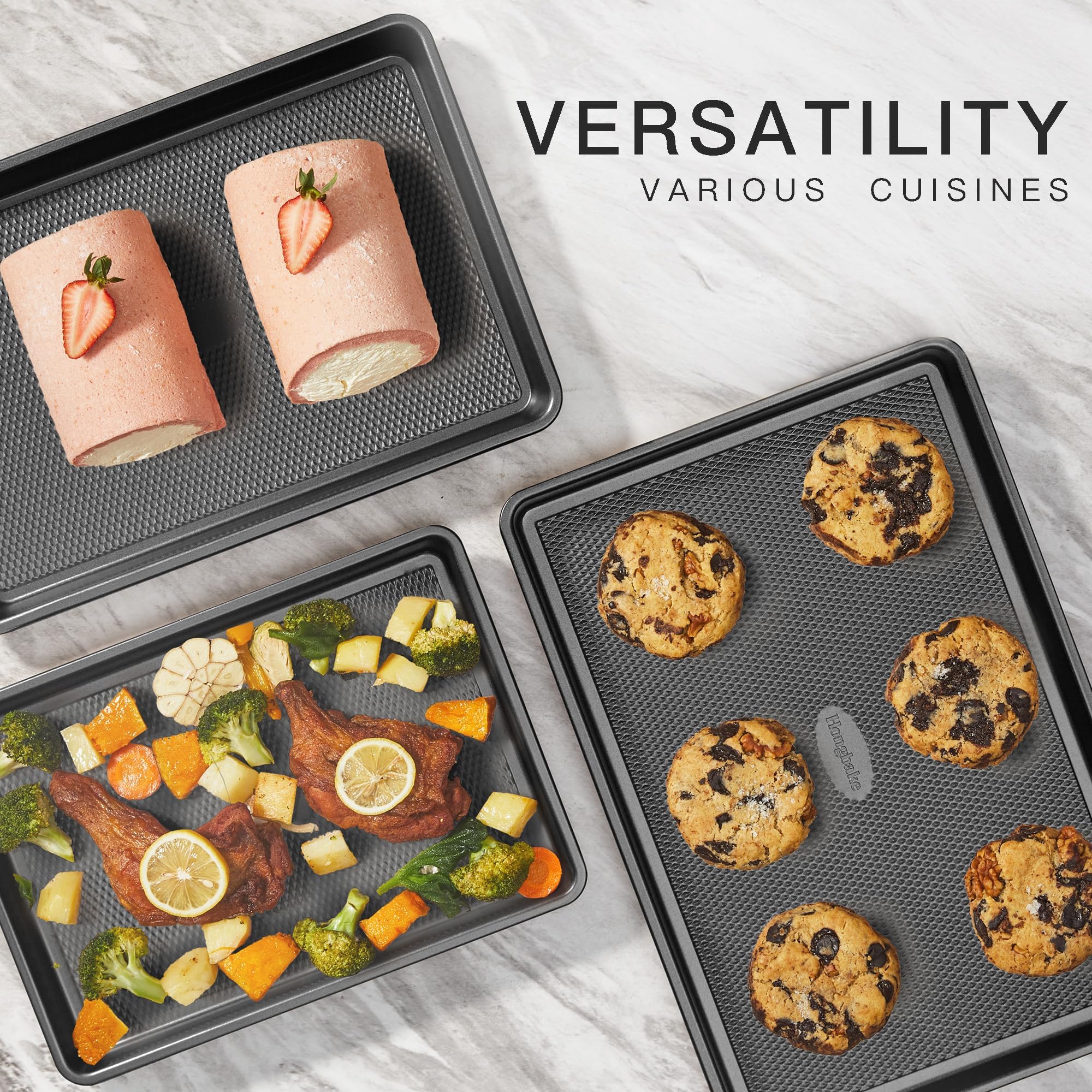 HONGBAKE three pans side-by-side to show scale and fit for different recipes