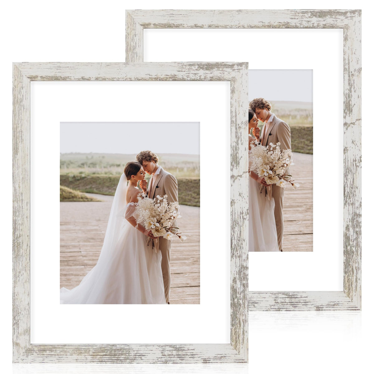 Hongkee front view of distressed white frame showing clean lines and farmhouse style benefit display clarity