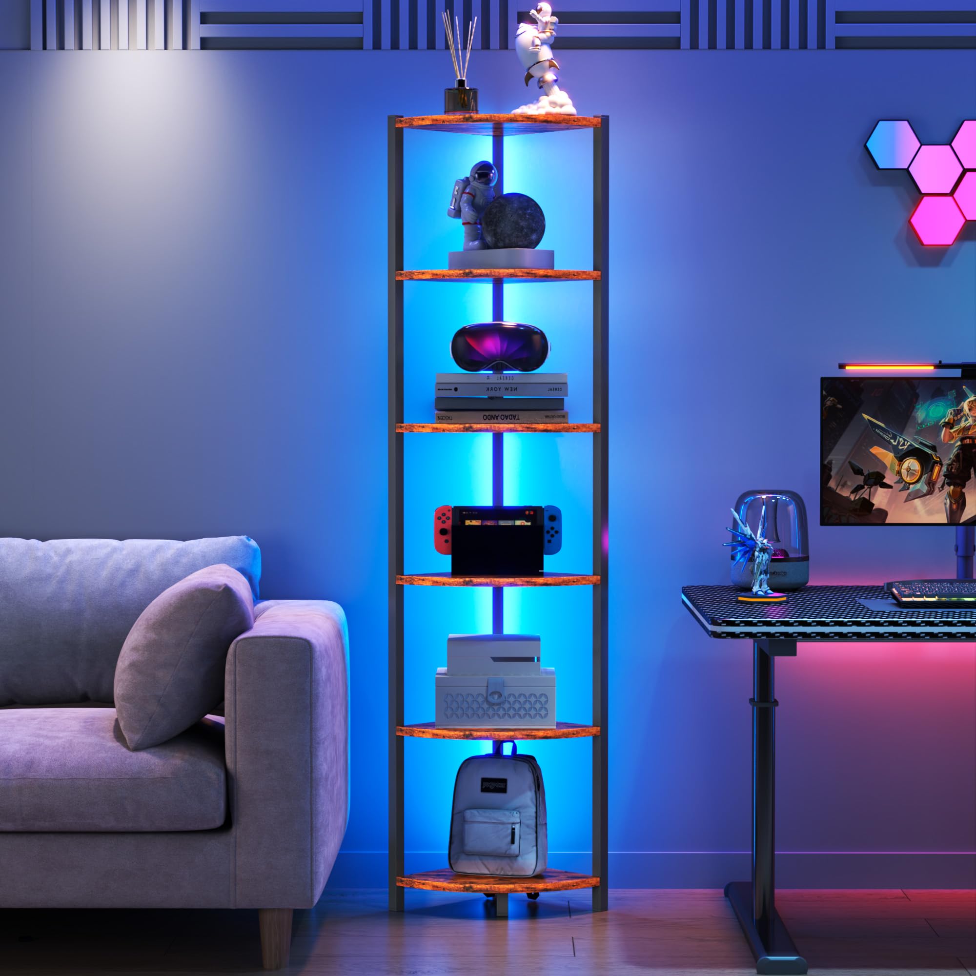 HONGOUZWL front view of corner shelf showing LED glow and rustic brown finish
