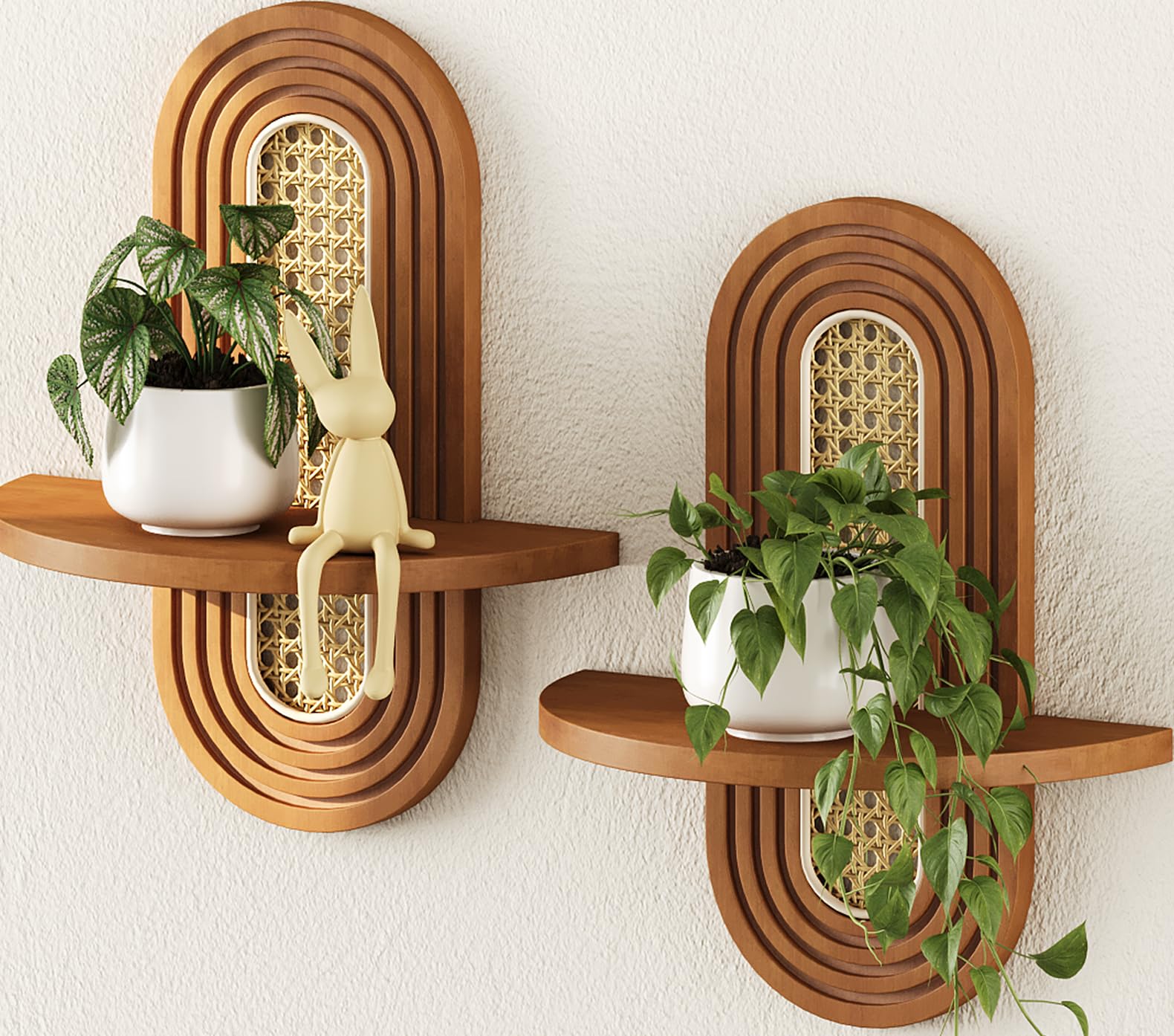 Hongsane front view of walnut rattan shelves showing clean boho display benefit