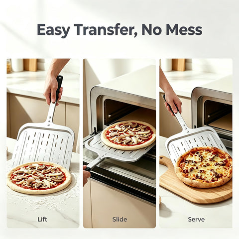 Honsdom peel retrieving a pizza from oven demonstrating safe, controlled removal