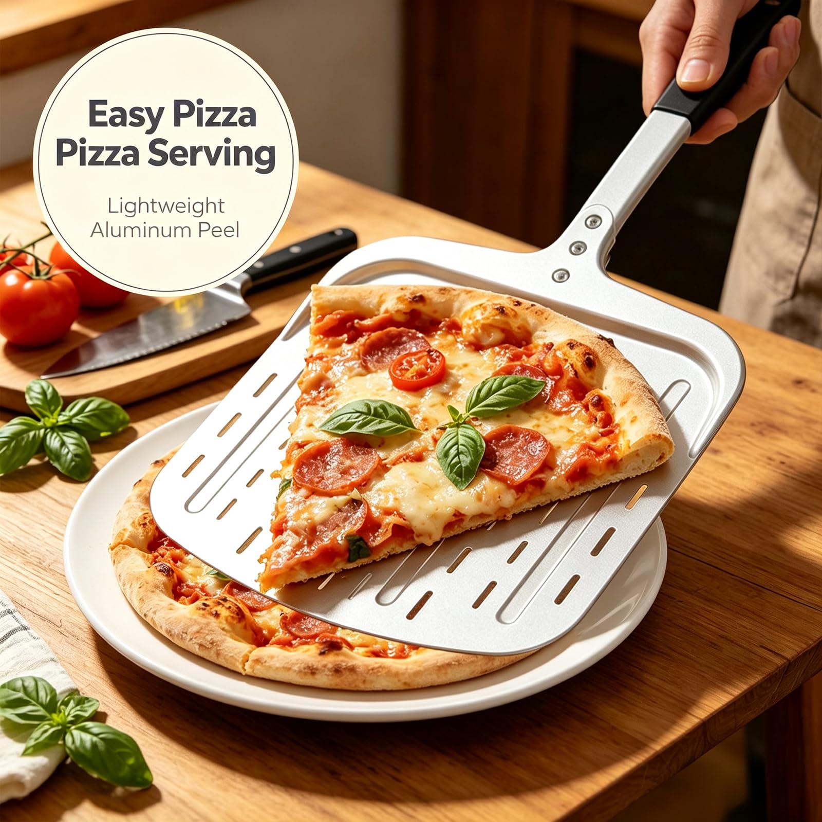 Honsdom peel beside a 12-inch pizza to illustrate size and support capacity