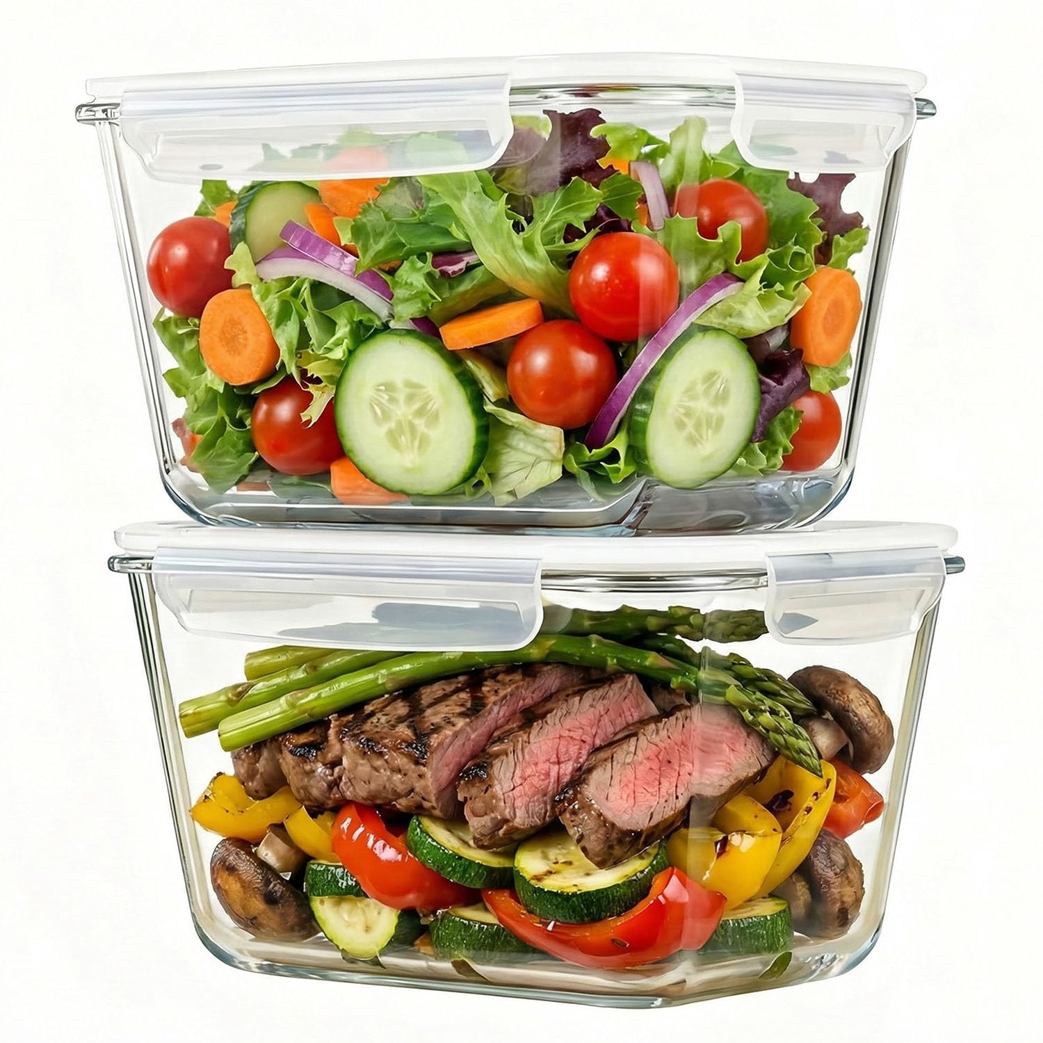 Hontent front view showing large glass container set with lids, stores full meals