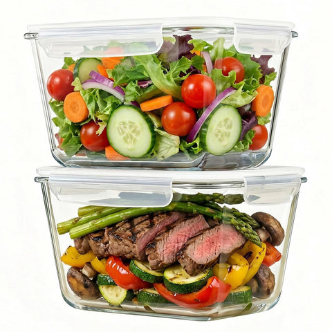 Hontent front view showing large glass container set with lids, stores full meals