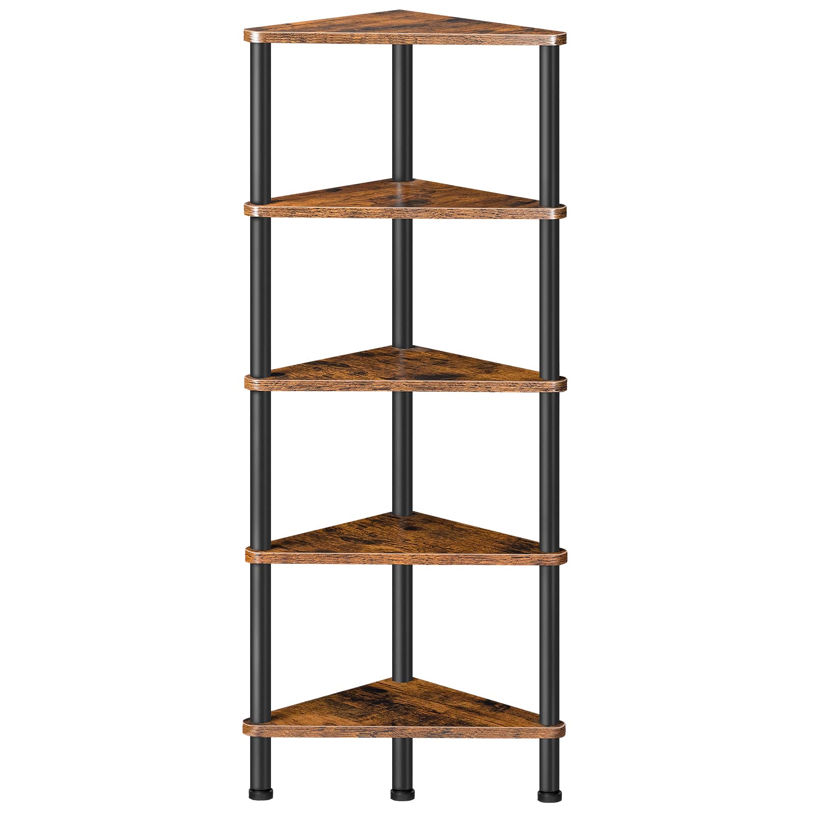 HOOBRO front view of 5-tier corner shelf showing rustic brown boards and black frame, optimizes corners