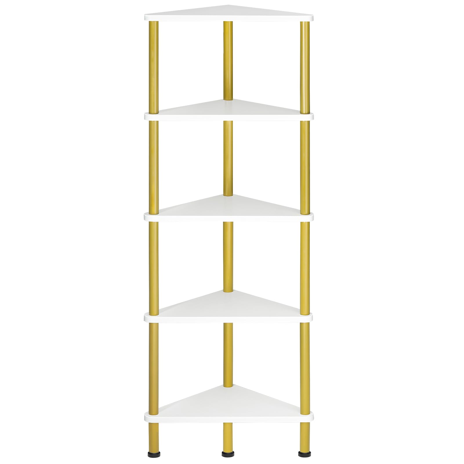HOOBRO front view showing five-tier white and gold corner bookshelf adds stylish storage