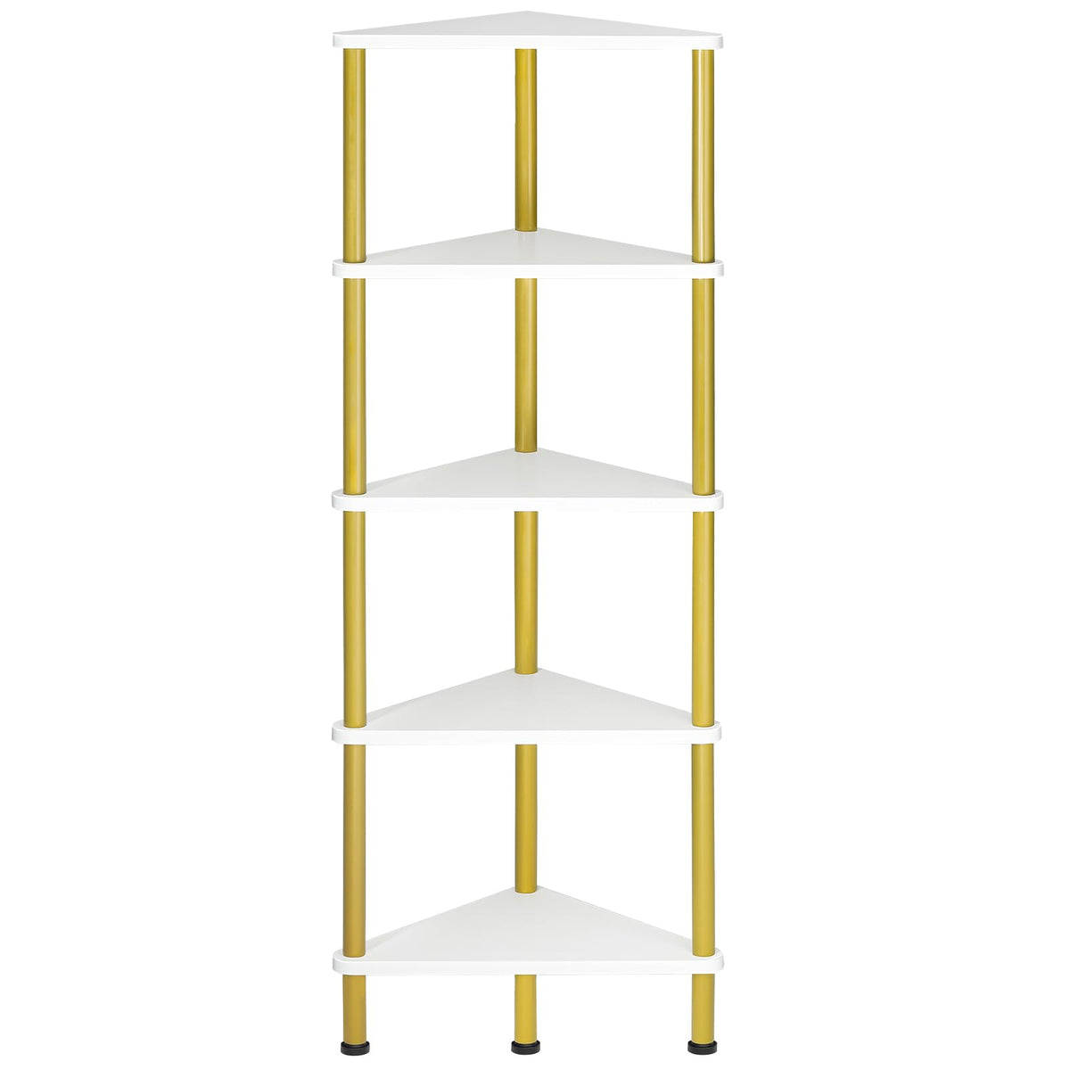 HOOBRO front view showing five-tier white and gold corner bookshelf adds stylish storage