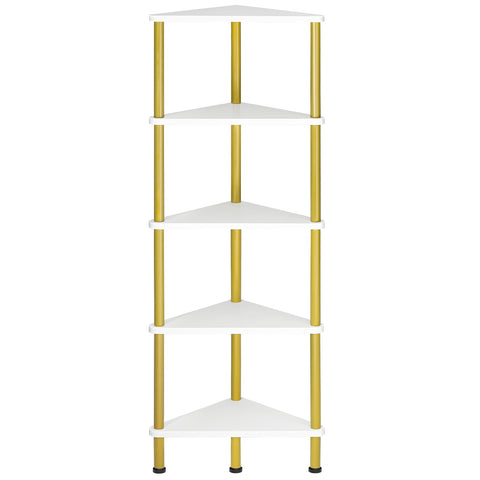 HOOBRO front view showing five-tier white and gold corner bookshelf adds stylish storage
