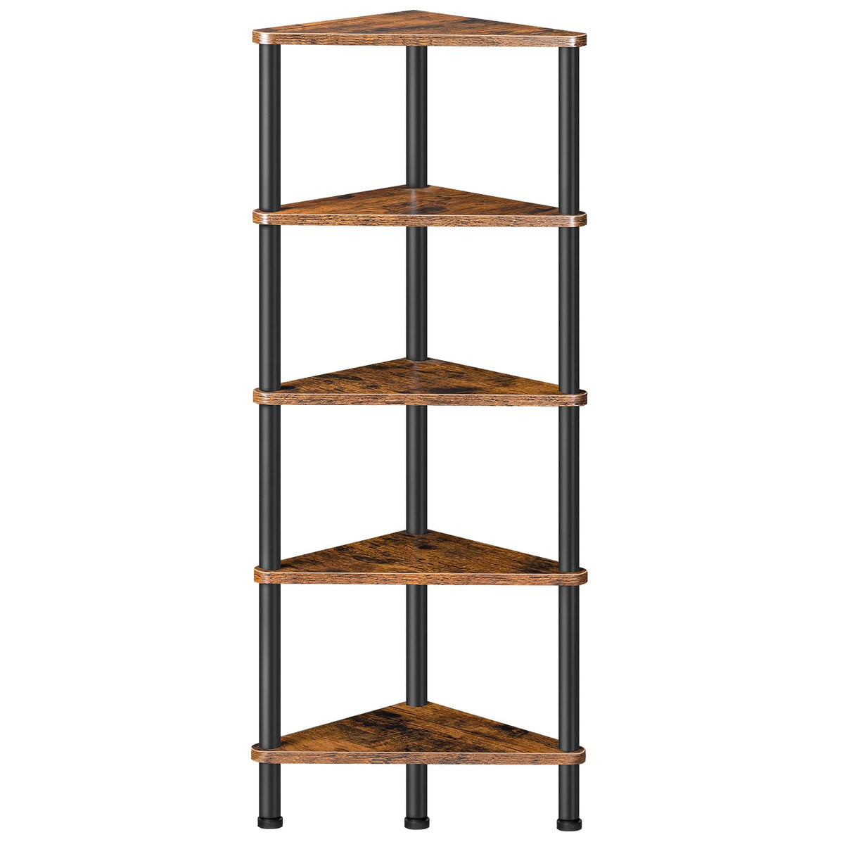 HOOBRO front view of 5-tier corner shelf showing rustic brown boards and black frame, optimizes corners