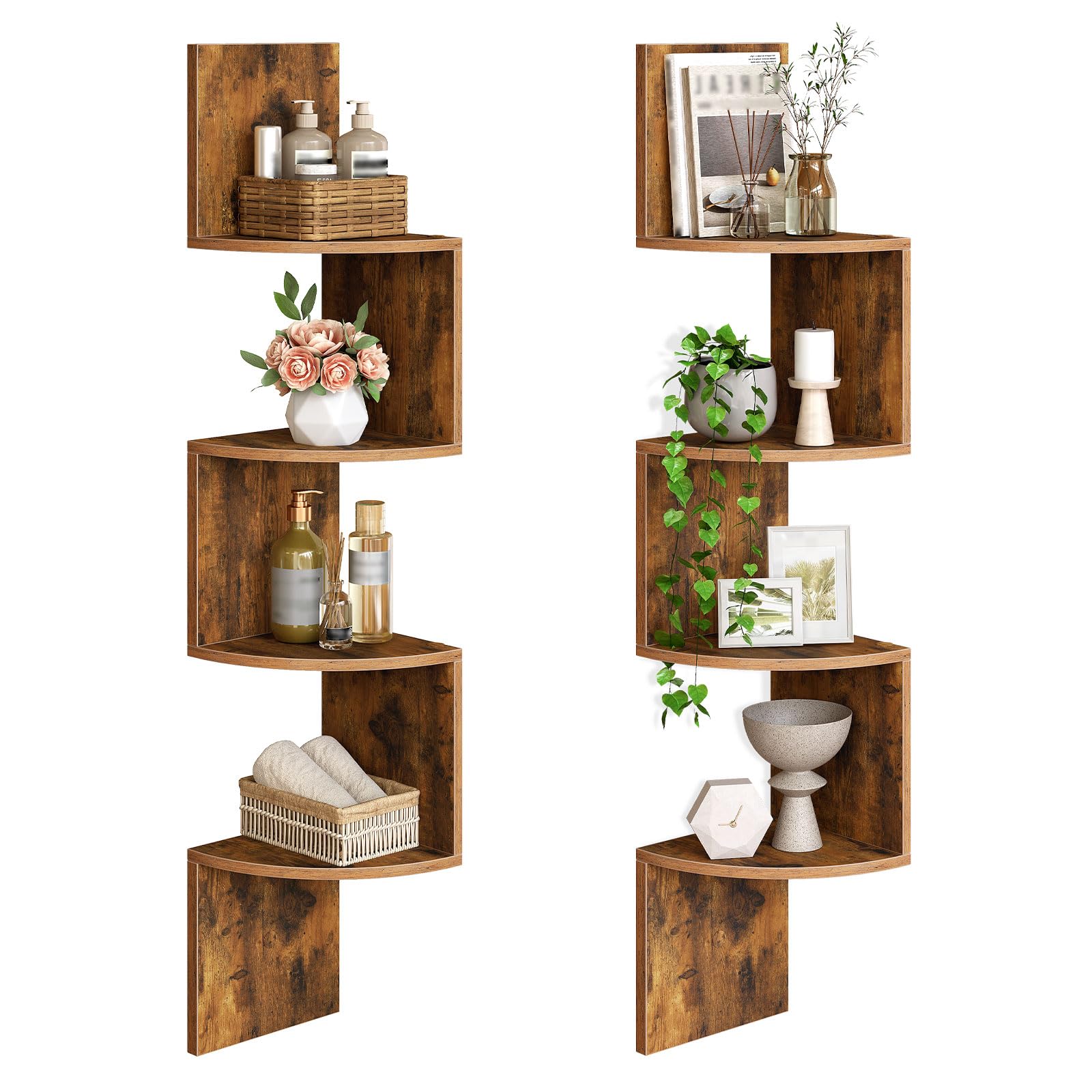 HOOBRO front view of rustic brown corner shelf showing 4 tiers and balance