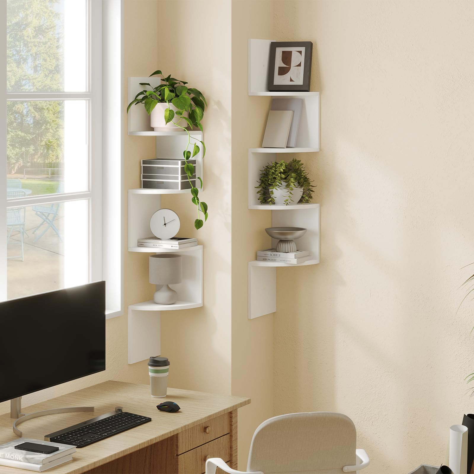 HOOBRO corner shelf in living room styled to save floor space