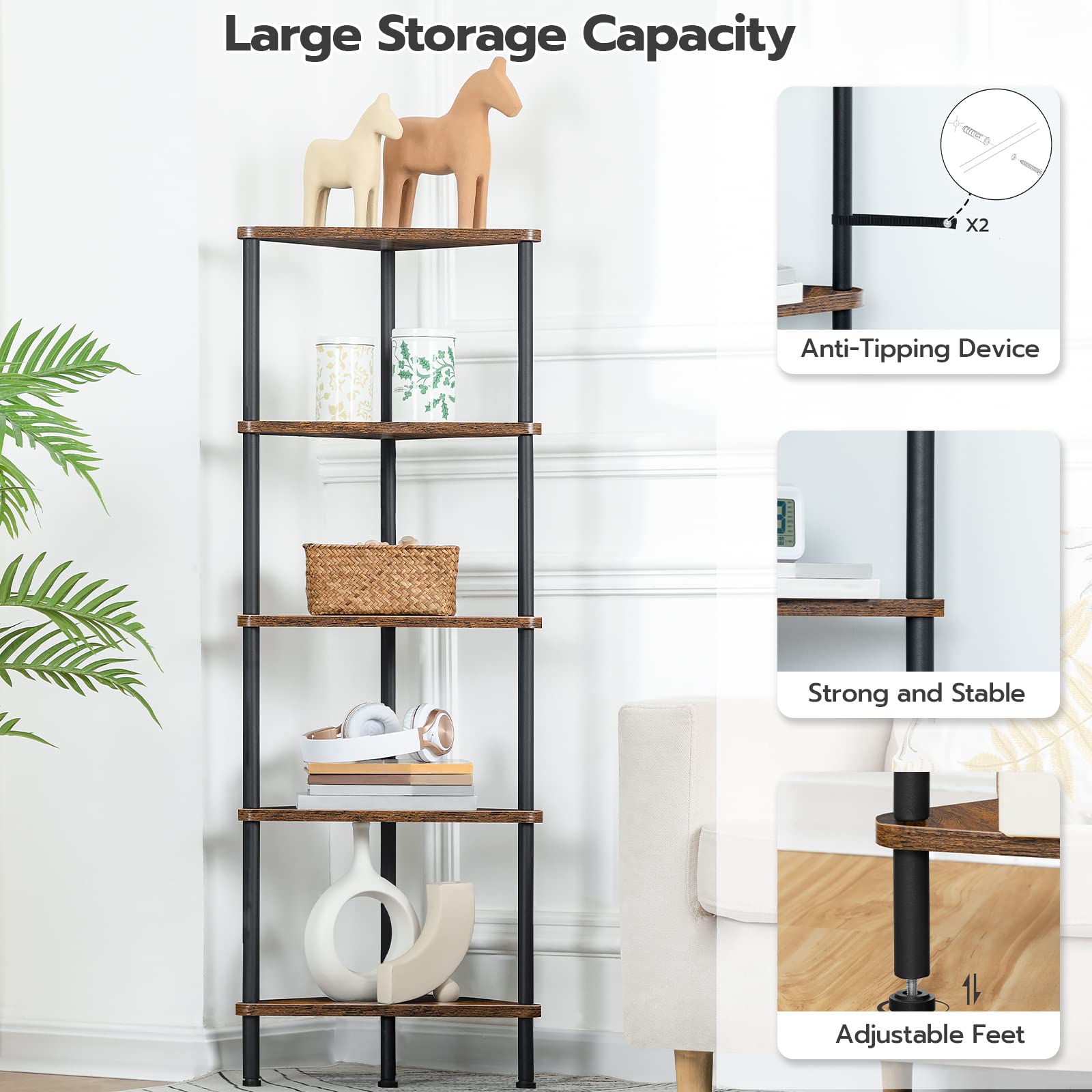 HOOBRO shelf in living room holding decor and lamp, creates organized stylish corner display