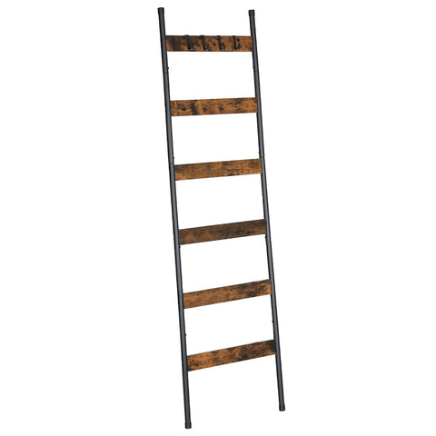 HOOBRO front view of blanket ladder showing six tiers and rustic finish, saves space