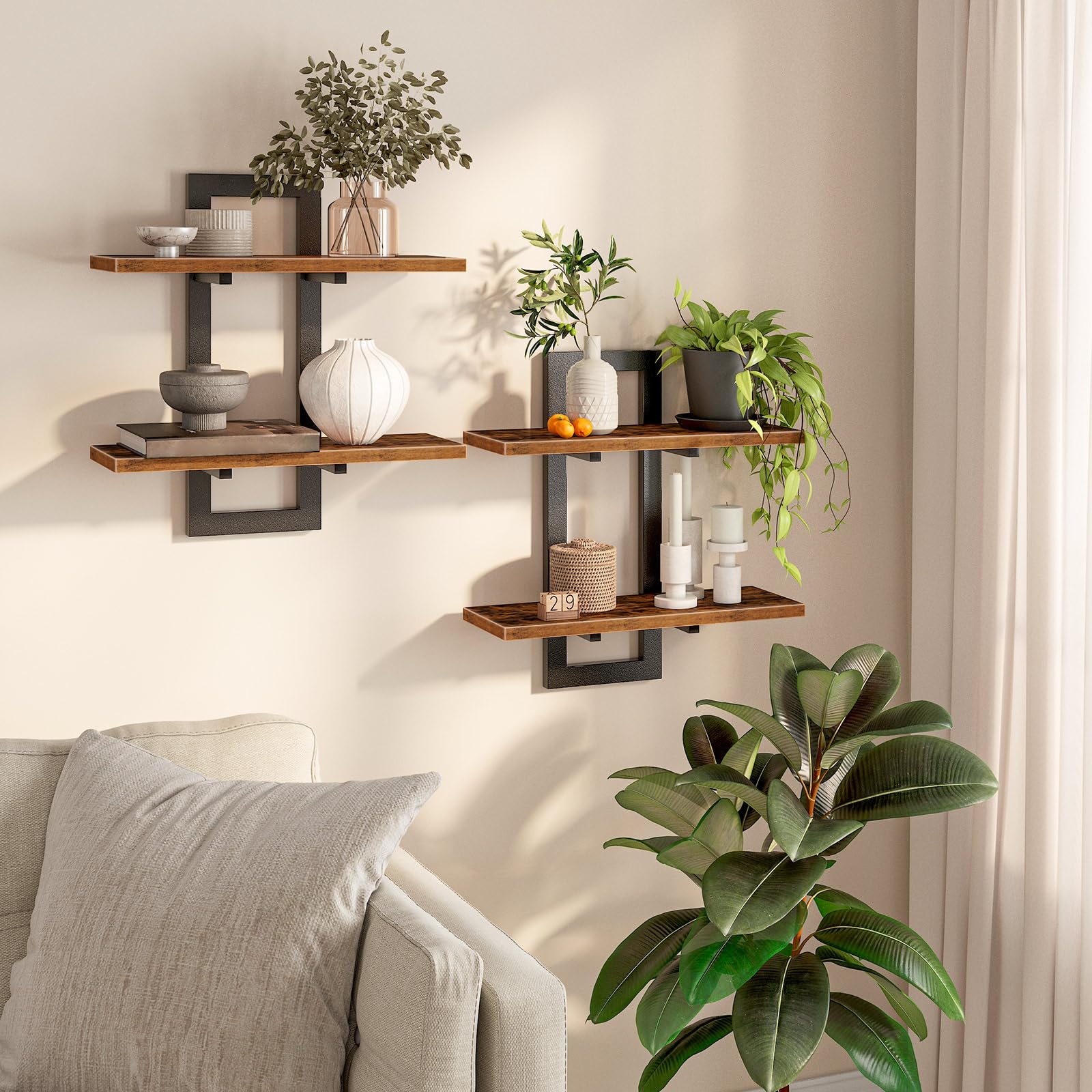 HOOBRO front view showing assembled shelves and rustic look for versatile storage