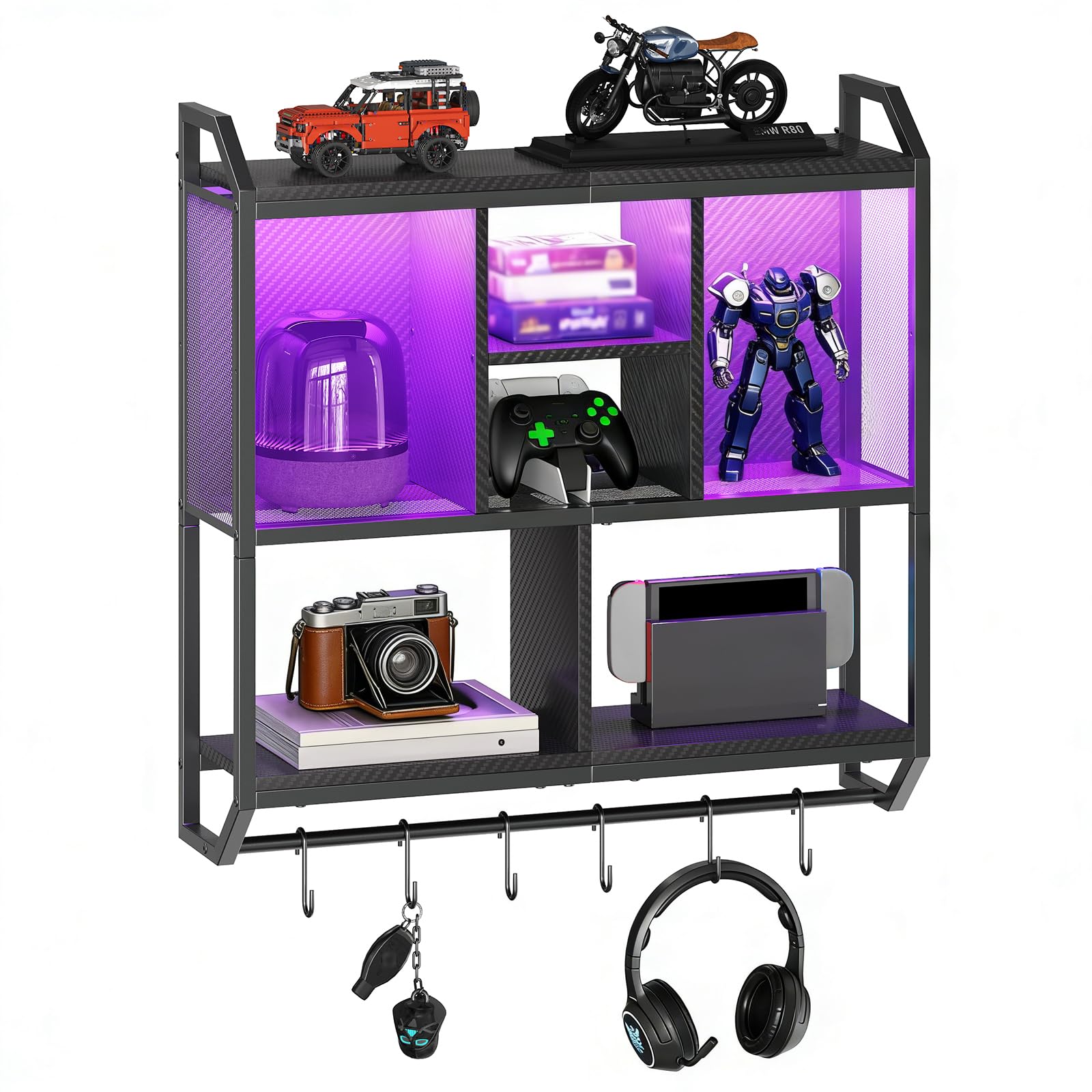HOOBRO front view shelf showing LED glow and organized display benefits