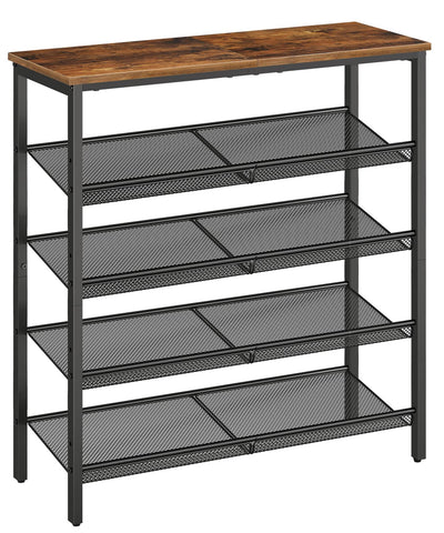 HOOBRO front view showing rustic brown shelves and industrial frame for organized storage