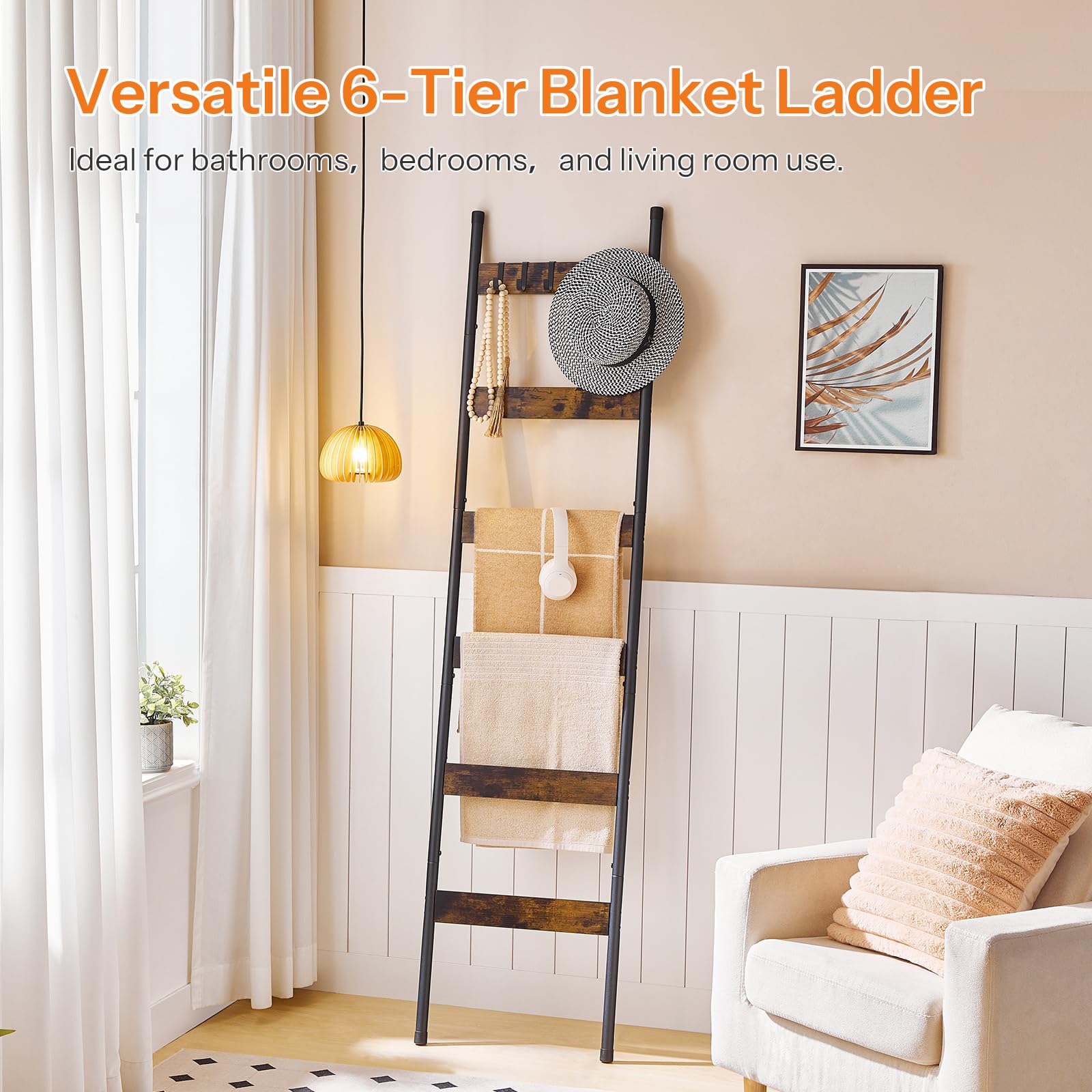 HOOBRO side profile leaning ladder against wall, demonstrates compact footprint