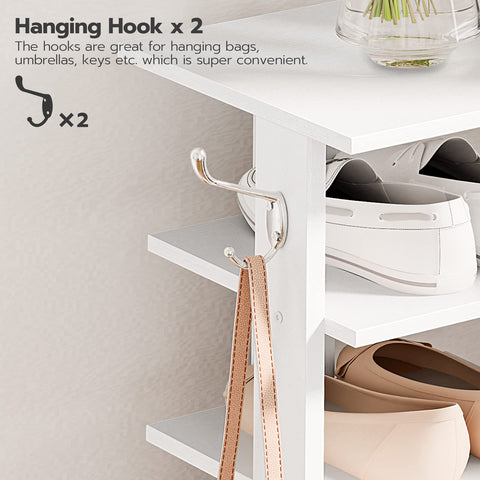HOOBRO shoe rack next to shoes for scale showing how it fits narrow spaces