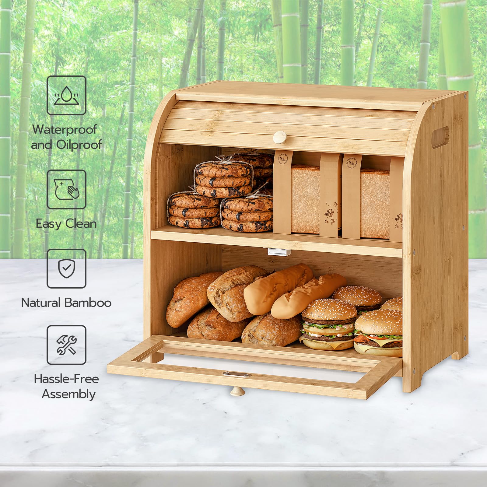 HOOBRO two-tier interior filled with bread and muffins for organized storage