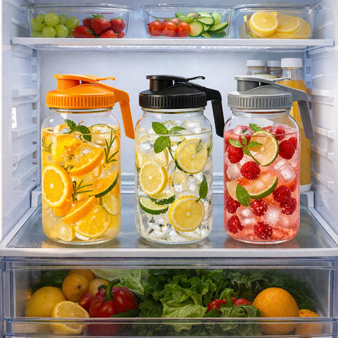 Hoofess pitchers in fridge with lemonade showing organized cold storage