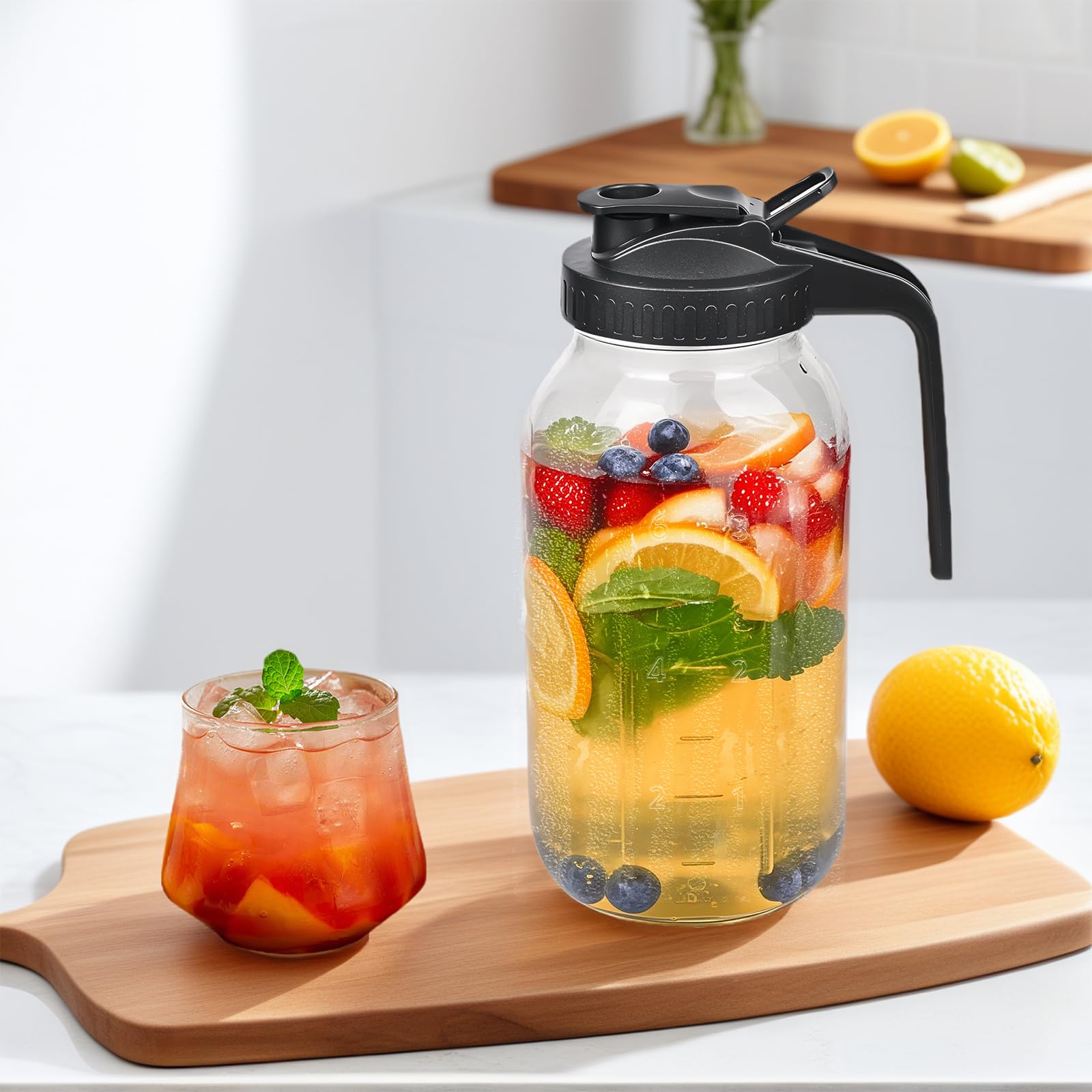 Hoofess pitcher beside cups showing 64oz scale for portion planning