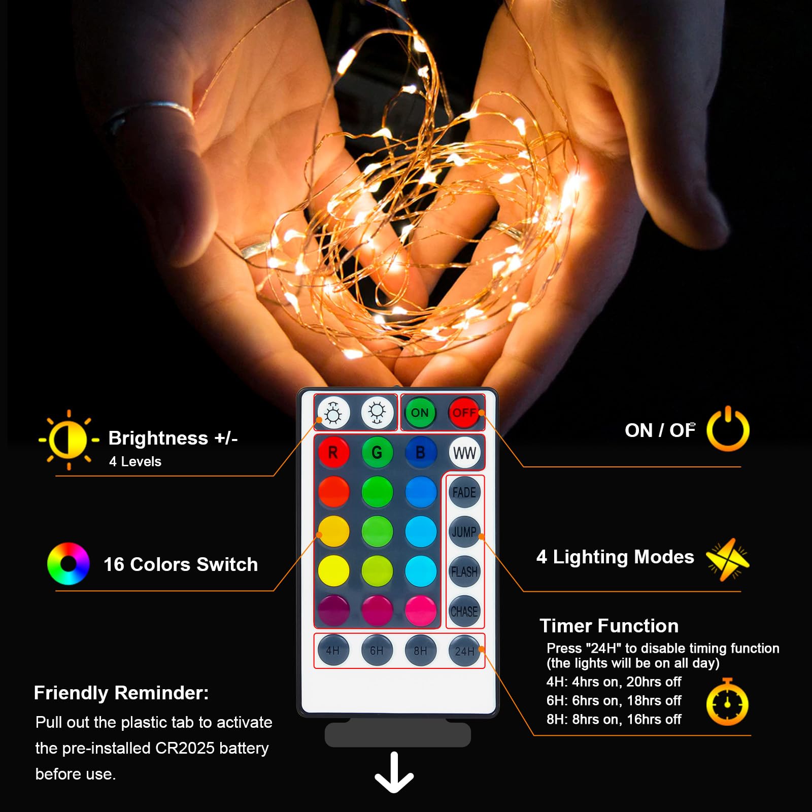 Hoofun remote beside the IP44 battery box showing simple control and timer benefit