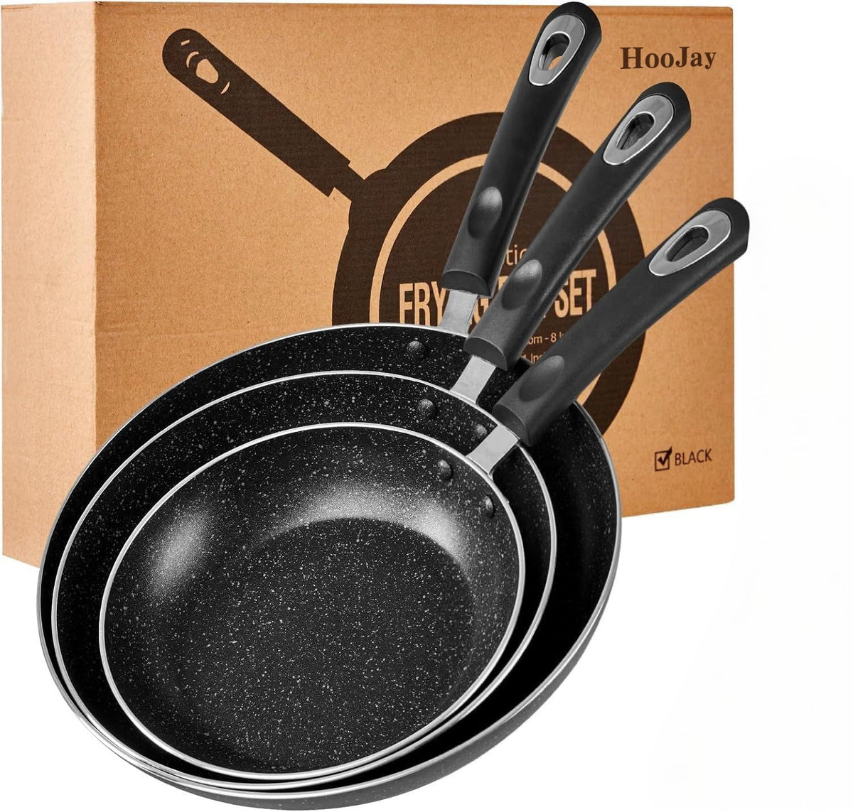 HooJay front view of 3-piece skillet set showing sizes and nonstick finish, easy meal prep