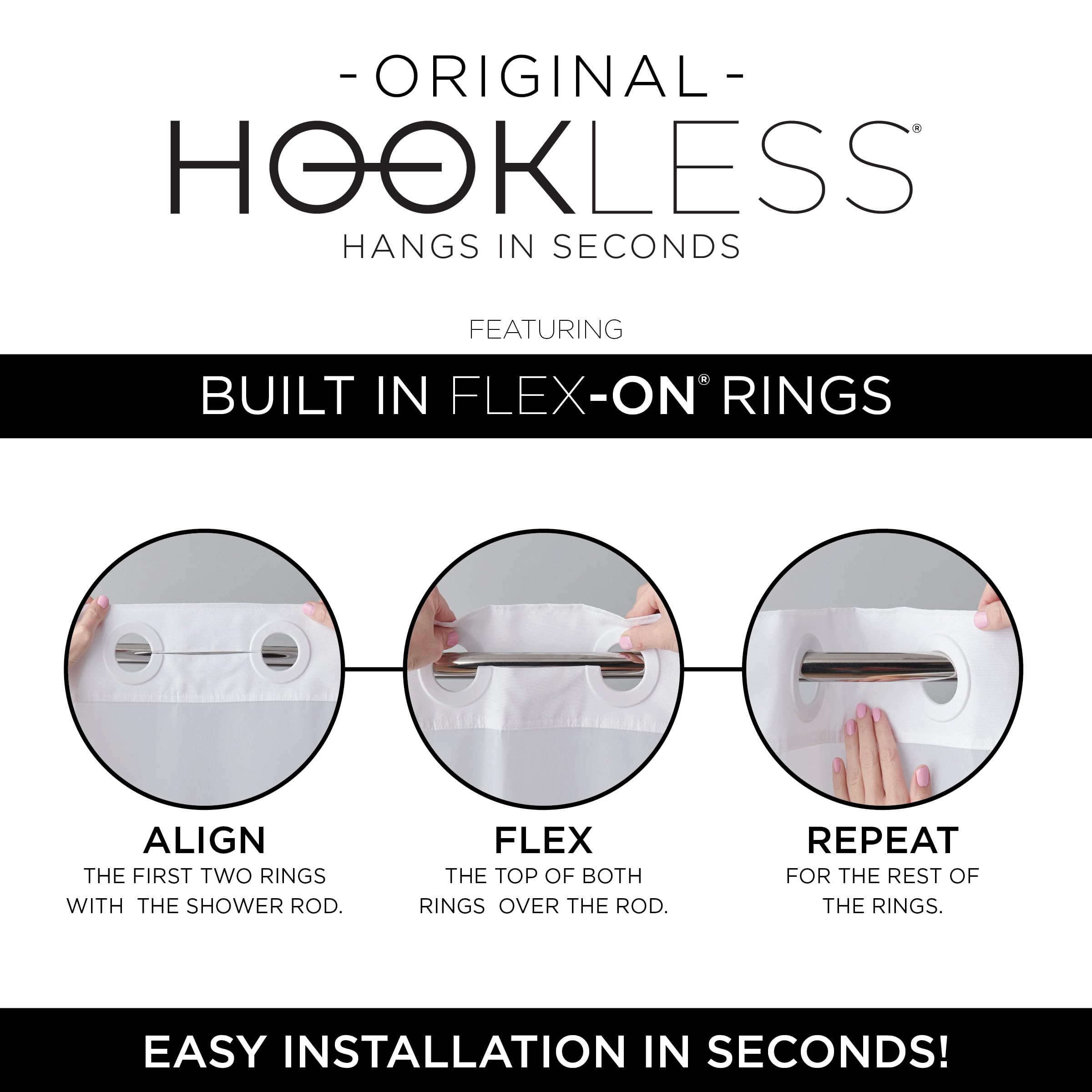 Hookless Flex-On rings attached on rod demonstrating rust-resistant smooth gliding benefit