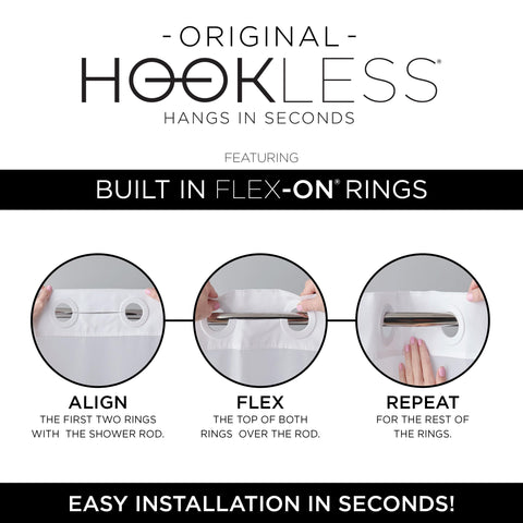 Hookless Flex-On rings attached on rod demonstrating rust-resistant smooth gliding benefit