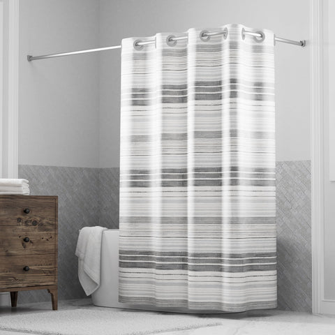 Hookless front view of stripe faux silk curtain showing clean modern design and easy upgrade
